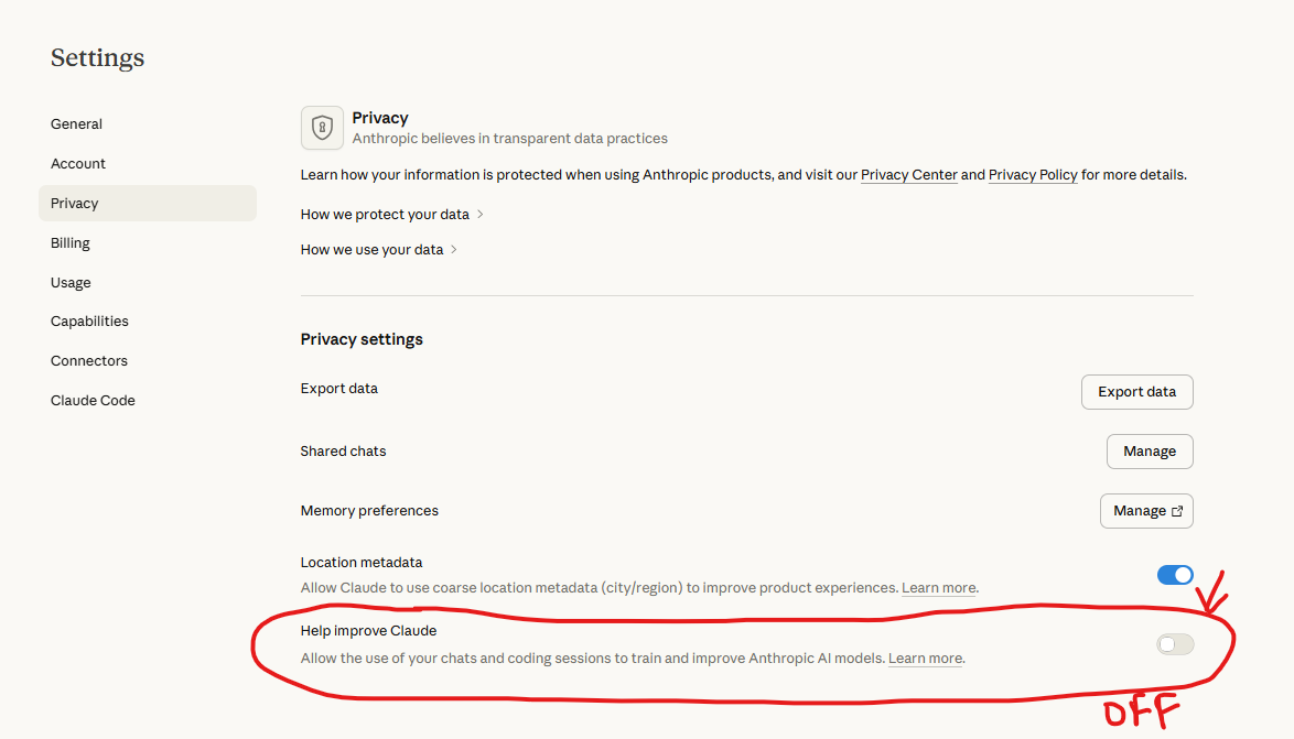 Claude privacy settings showing the Help improve Claude toggle switched off — recommended for professional use.