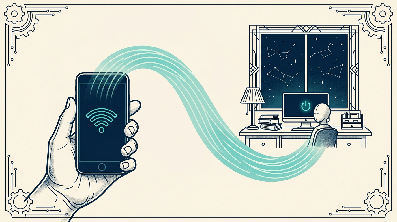 Phone in hand, teal signal arcing to the desk at home under a starry window