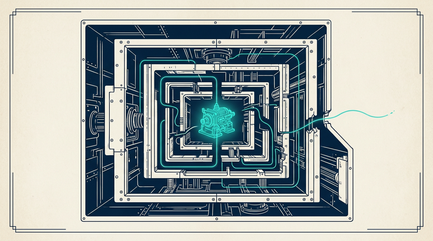 A cutaway of a sealed testing chamber with nested containment walls and a fine teal thread slipping out through a break in an outer wall
